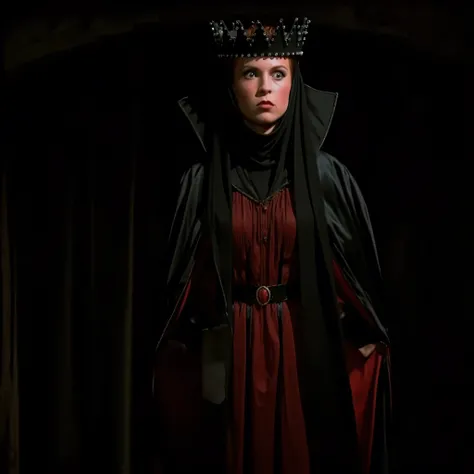 cinematic film still of Evil Queen a Long shot of a surprised woman in a black costume, Long Black Satin Cape with red satin Lining and a black crown with wide staring eyes and a shock expression on her face in 1500s 15th century, 1girl, solo, hat, upper ...