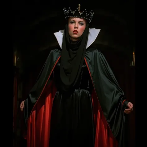 cinematic film still of  Evil Queen a Long shot of a surprised woman in a black costume, Long Black Satin Cape with red satin Lining and a black crown with wide staring eyes and a shock expression on her face in 1500s 15th century, 1girl, solo, hat, upper ...