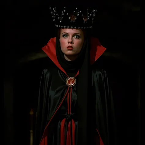 cinematic film still of Evil Queen a Long shot of a surprised woman in a black costume, Long Black Satin Cape with red satin Lining and a black crown with wide staring eyes and a shock expression on her face in 1500s 15th century, 1girl, solo, hat, upper ...