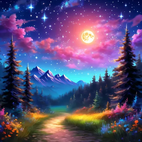  beautiful night sky , a moon,  stars dancing , magic moonglow, magic,  bright twilight