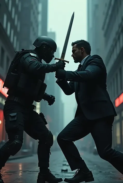 military dressed in black tactical clothing and black helmet, using a sword to fight a person dressed in a suit.