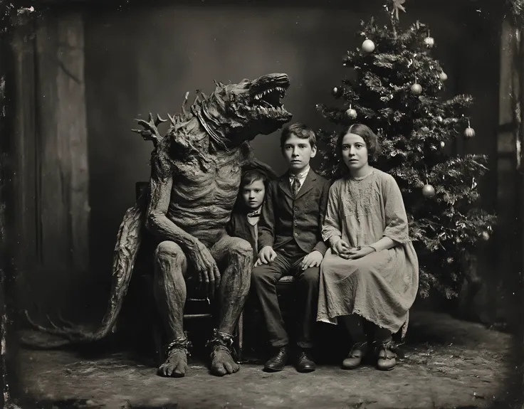 safe_pos, (score_9, score_8_up:1.1), score_7_up, photorealistic, rating:explicit                                                  daguerreotype photo of a horrifyingly grotesque disgusting monster creature sitting with a family next to a christmas tree, ma...