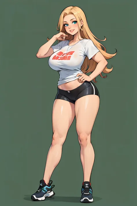 green solid background, 1 woman, (round big breasts:1.2), big thighs, best quality, ultra high res, long hair, blonde hair, blue eyes, full lips, bike shorts, blank white t-shirt, short sleeves, smiling at viewers, double D breast, standing, full body