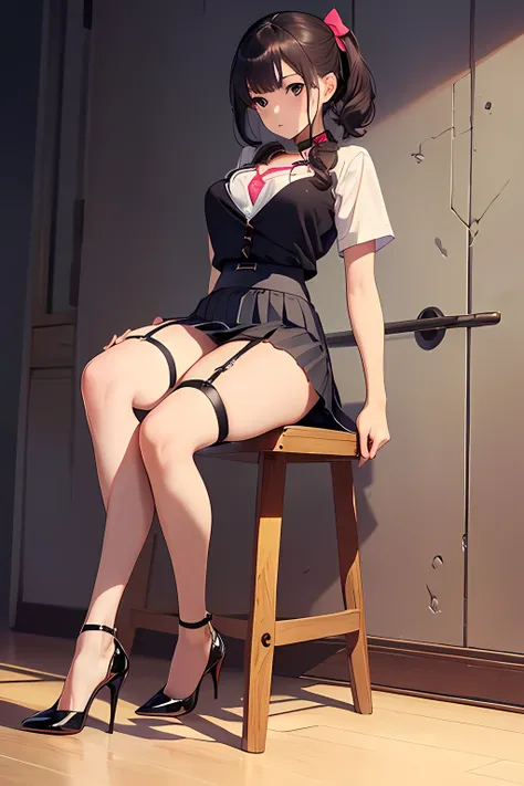 young girl, (full body shot: 1.3), (bell around neck: 1.2), (miniskirt: 1.6), (garter straps: 1.2), (gaps between legs: 1.6), high heels, (high heels: 1.3), (bows on thighs: 1.1), (full chest: 1.6), (short skirt pulled up: 1.6)
