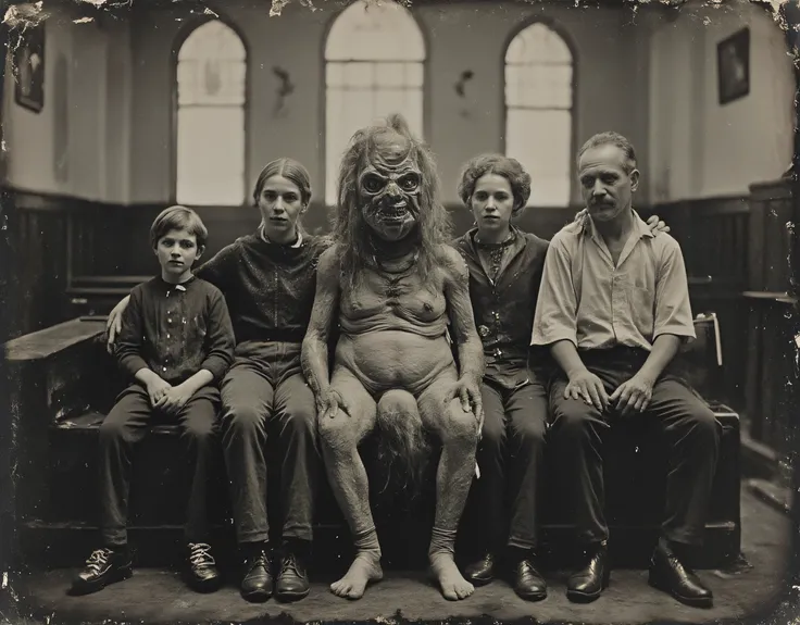 safe_pos, (score_9, score_8_up:1.1), score_7_up, photorealistic, rating:explicit daguerreotype photo of a horrifyingly grotesque disgusting monster creature sitting with a family inside a church, masterpiece,, , absurdres, masterpiece,, Expressiveh choker,...