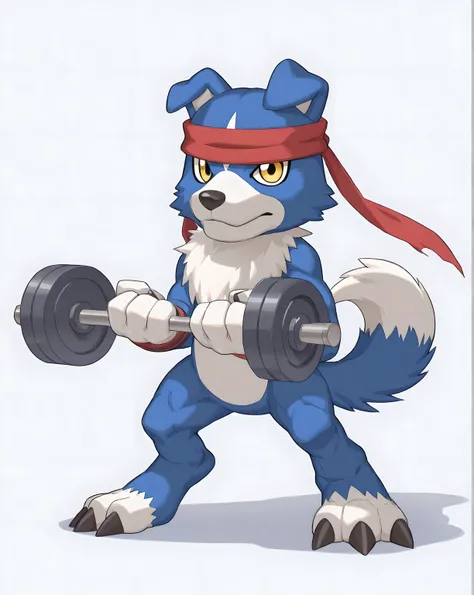 cartoon, gaomon (character), digimon (creature), dog boy, blue body, headband, yellow eyes, bare hands, white background, white floor, detailed, full body, flat color, confident, strong posture, wide stance, standing, front view, wide stance, looking at vi...