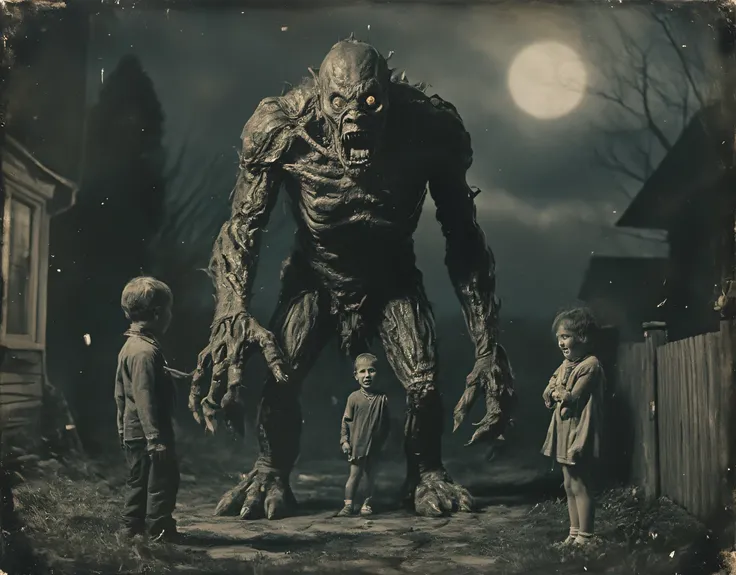 safe_pos, (score_9, score_8_up:1.1), score_7_up, photorealistic, rating:explicit daguerreotype photo of a gigantic horrifyingly grotesque disgusting monster creature standing with a family outside on halloween at night, masterpiece,, , absurdres, masterpie...