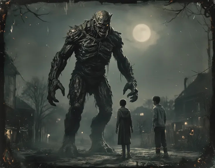 safe_pos, (score_9, score_8_up:1.1), score_7_up, photorealistic, rating:explicit daguerreotype photo of a gigantic horrifyingly grotesque disgusting monster creature standing with a family outside on halloween at night, masterpiece,, , absurdres, masterpie...