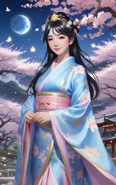 A dark-haired young goddess wearing a light blue KIMONO with a tiara and stars, starry sky ,A dark-haired young goddess wearing a pink kimono with a crown and stars smiling amidst a cherry blossom landscape , pixiv contest winner with a star on his head,  ...