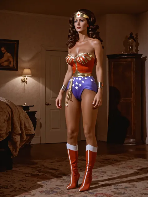 8k, best quality, real picture, photo of young beautiful perfect Lynda Carter as Wonder Woman, scene from tv show, warm hazy lighting late night evening, full complete body erotic angle view, so fucking pretty and cute as she suffers forced to touch hersel...