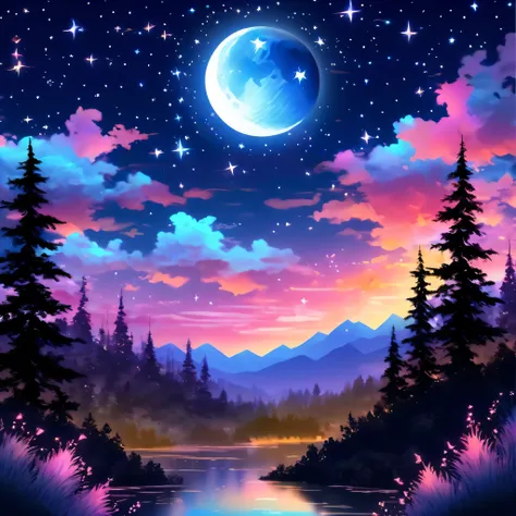  beautiful night sky , a moon,  stars dancing , magic moonglow, magic,  bright twilight