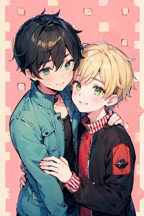 ((boy :1.5)),((Yaoi:1.35)),((gay couple:1.0)), black hair, blonde, red eyes, green eyes,(long sleeve puffer jacket:1.0),(red cheek:0.8),smile,( crouch:1.0)),((checker pattern background:1.2)),close up face
