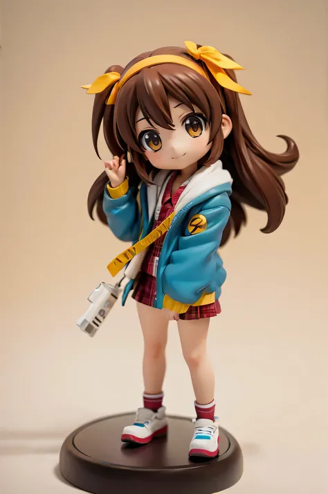 Haruhi Suzumiya, mini character, deformed character, Haruhi Suzumiya, 3D model, full body, looking at the camera, smiling, simple background, masterpiece, high precision, realistic photo, ultra-high quality, 4 heads, green screen, bird's-eye view,