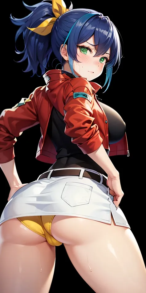 1 Female,High definition,high resolution,Ultra-realistic,8K,aaserena, yellow ponytail, ((multicolored hair)),green eyes, red jacket, black shirt, belt, (white skirt), tight skirt,(( miniskirt )), yellow panties,European,sexy,Upper body close-up,Photographe...