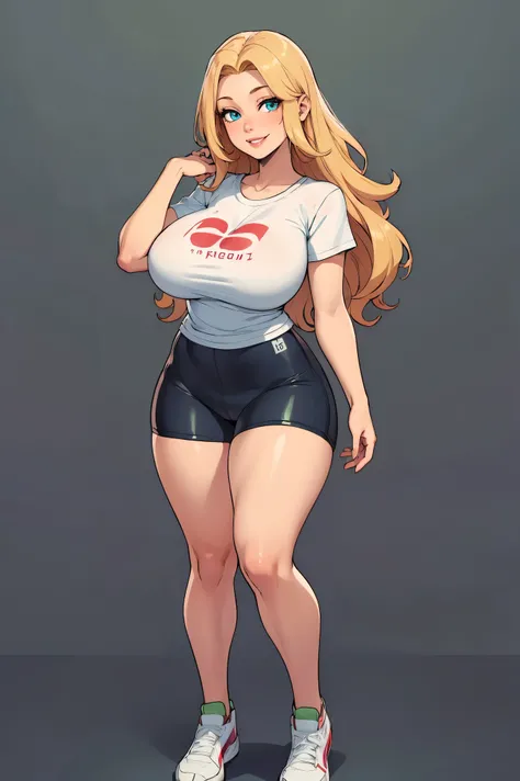 green solid background, 1 woman, (round big breasts:1.2), big thighs, best quality, ultra high res, long hair, blonde hair, blue eyes, full lips, bike shorts, blank white t-shirt, short sleeves, smiling at viewers, double D breast, standing, full body