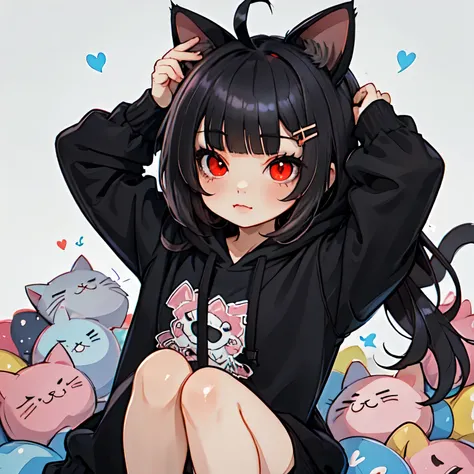 Highly detailed, High Quality, Masterpiece, beautiful, 1girl , solo,((cat girl, cat black ears)), (red eyes), (long hair), (( black hair, (Ahoge), straight bangs,)), junkotvv, black hoodie, hood up, BongoCatP1, arms up, chibi, 