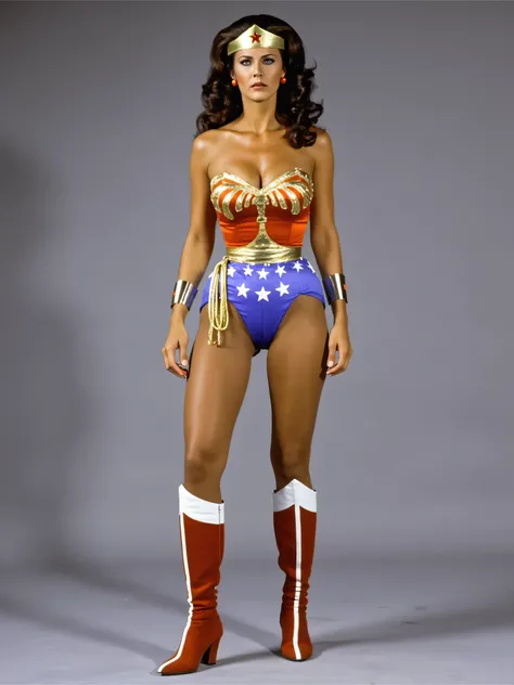 Lynda Carter as diving outfit Wonder Woman, sexy photoshoot in a blank gray background, full body photo, standing very sexy seductive posing, showing off hot legs and boots, ((( with eyes opened, mouth open, glossy lips )))，with a desperate sexy expression