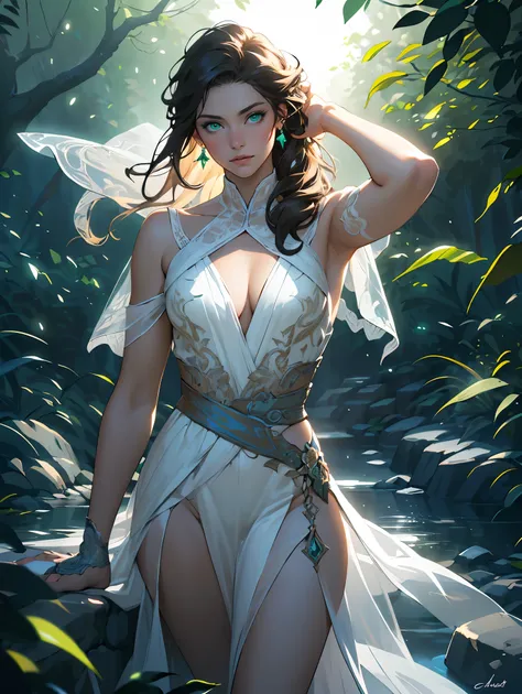 a beautiful woman in a dreamy landscape, elegant porcelain skin, mesmerizing green eyes, delicate facial features, long flowing hair, graceful pose, photorealistic, highly detailed, 8k, intricate background with lush foliage, magical atmosphere, ethereal l...