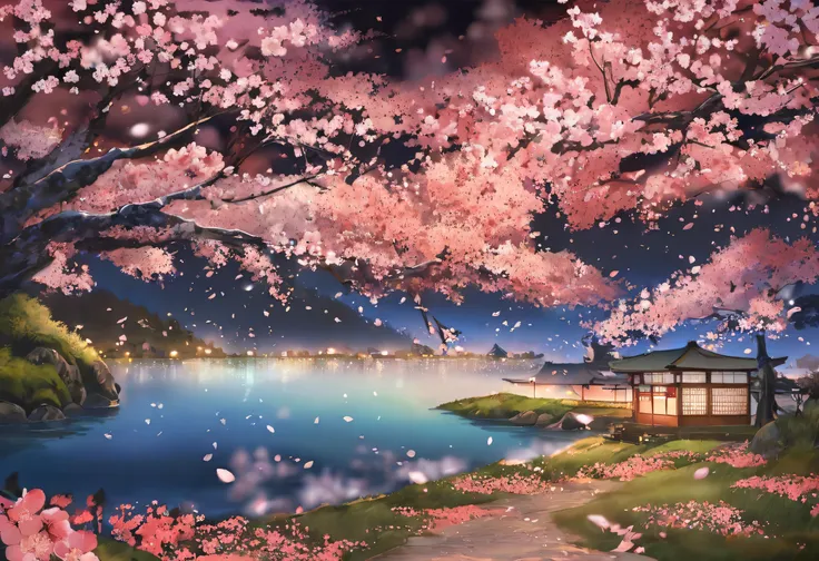  fantastic scenery、Vast Nature、 cherry blossoms at night、Japanese style、beautiful