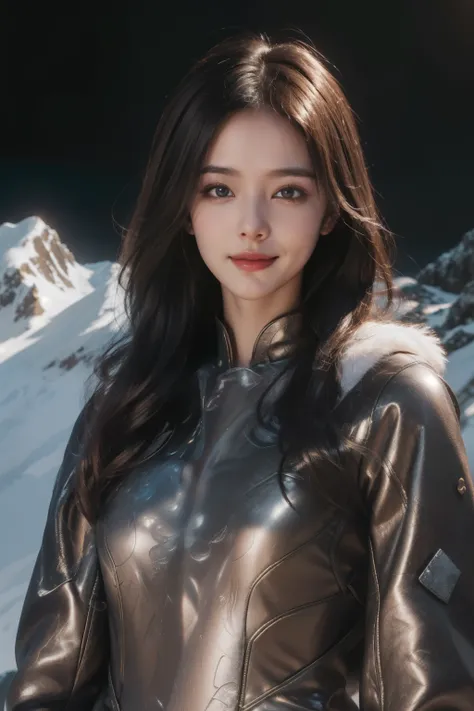 (ultra Realistic) , (illustration), (Enhance resolution), (8k), ( Extremely Detailed), ( detailed face ), Slim Body, in the dark , deep shadow, low profile, pureerosfaceace_v1, Happy smile, Winter, Mountain