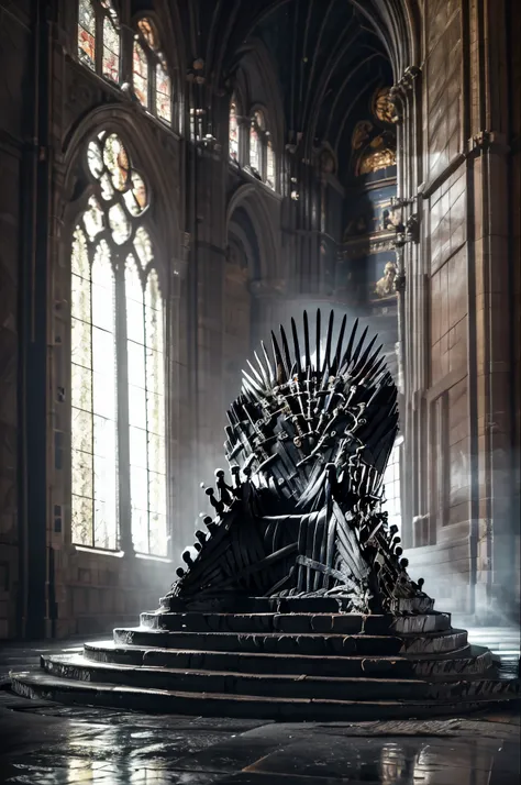 (8 k,  RAW Photo,  Highly detailed , masterpiece,  pants falling on your eyes ), intense colors , high contrast ,film still,  full shot photo of the most beautiful artwork in the world, cinematic light ,fantasy, high resolution,The Iron Throne ,, in the ro...