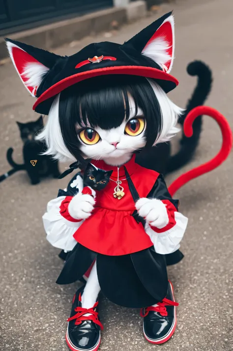 Cat witch , cute black and red cat witch with blue mant and white shoes , mascot character, chibi character, high quality, high resolution, 8k, mascot character,deformed ,kawaii, 