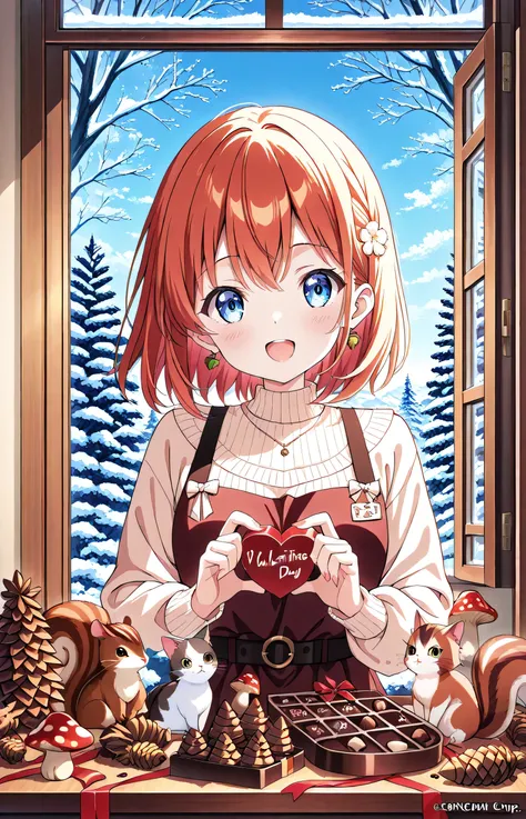  high definition、 anime style illustration、Outside the window is a winter landscape 、woman（ beautiful girl、10th Generation、Neat clothes） making Valentine's Day chocolate in the kitchen。apple、mushroom、 pine cones, acorns, squirrels, and cats 。Draw a cute vi...