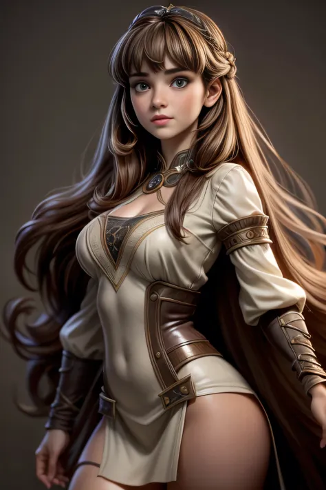 Young woman from medieval times , long honey-brown hair with bangs and half-curled ends, grey eyes, firm stance, confident expression, masterpiece , super detail, lyrics, plain white background , without patterns, No textures.