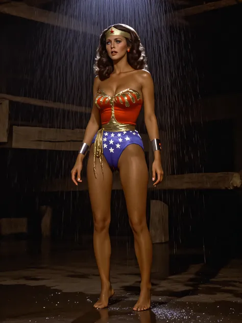 Lynda Carter as Wonder Woman, very dark hazy scene from a pornographic movie, shocking defeat and humiliation, she is captured and tortured, her naked breasts and hard pokie wet nipples are being teased and licked, water is pouring down around her, bare fo...