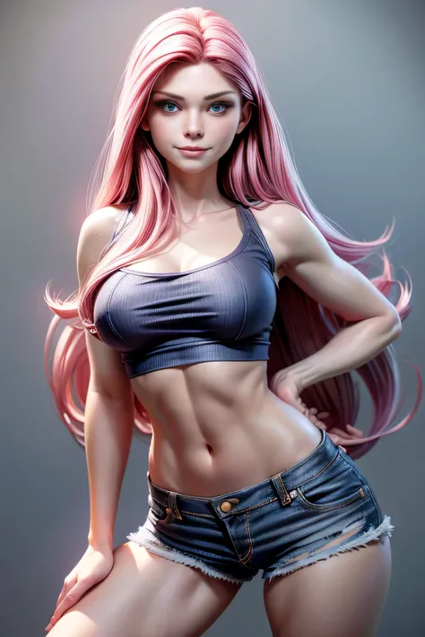 young girl,  long pink hair ,  blue eyes , firm stance, confident expression,  seductive smile , denim shorts ,  open black shirt and a top, firm stance, confident expression,  Dynamic Pose , face to the camera,  masterpiece , super detail,  lyrics,  plain...