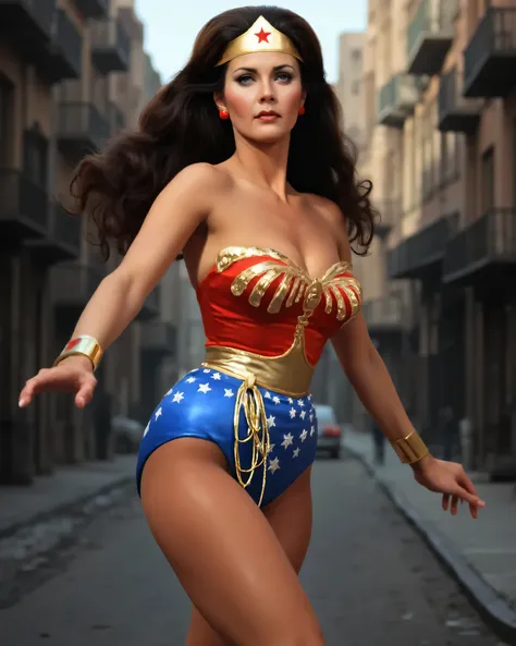 A gorgeous Wonder Woman in tight red and blue, long, dark hair , Beautiful and Detailed Eyes , Striking facial features , The physique of a sexy beauty queen, White Skin ,The expression is romantic and sexy, confident Powerful posture, in an impress...