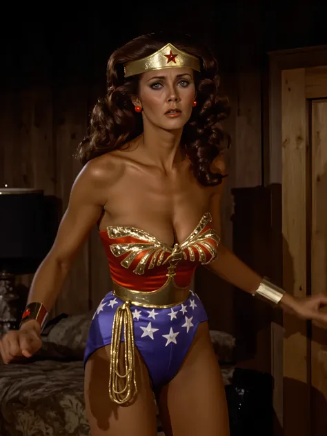 Wonder Woman, Linda Carter , standing, she's been kicked in the vagina so she's clutching her pussy in pain, crying, eyes open looking up, in dark sexy bedroom , ((( with eyes opened, mouth open, glossy lips )))，ravished legs spread, boots slipping down of...