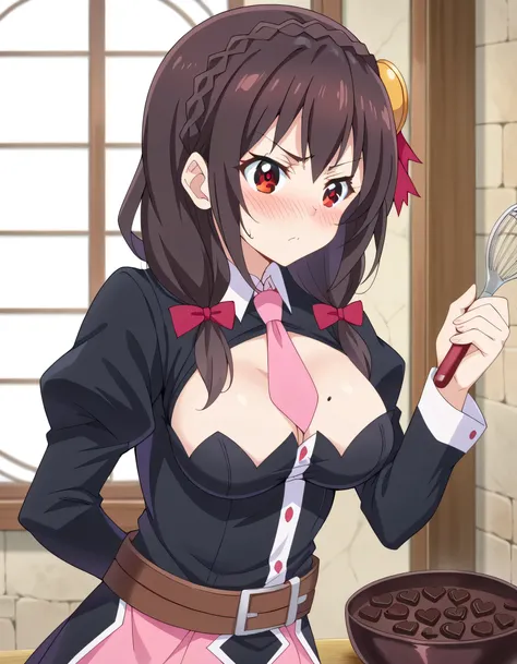  high definition, high quality、 
Yunyun、  black hair,  hair accessories,  red eyes, ,  braided, crown  braided,
 skirt,  thighs,  Long Sleeve,  tie, belt,  Outfit Cutout,  cleavage cutout viewed from above, pink  tie,
Serious and troubled expression 、(blus...