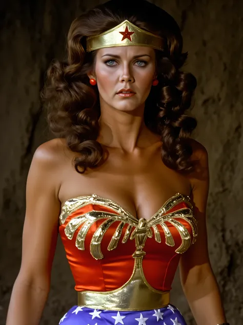 Real light ,  beautiful details shine , ((25 years old)), tall girl , Wavy long hair shape , wearing Wonder Woman's golden balance, ((( with eyes closed )))，(((unconscious )))､ lying on the ground､ lying on back ､ ((( she ))),  very young Linda Carter ,  v...