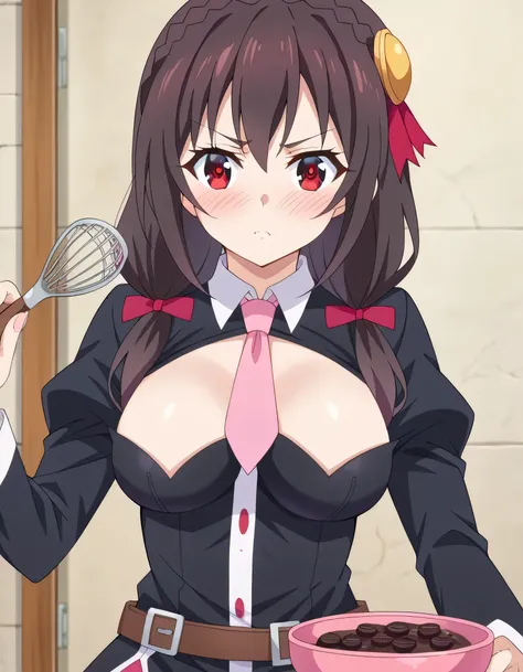  high definition, high quality、 
Yunyun、  black hair,  hair accessories,  red eyes, ,  braided, crown  braided,
 skirt,  thighs,  Long Sleeve,  tie, belt,  Outfit Cutout,  cleavage cutout viewed from above, pink  tie,
Serious and troubled expression 、(blus...