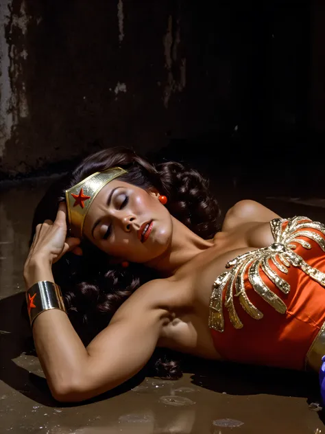 Lynda Carter as Wonder Woman, full bruised and beaten injured body photo, she surrenders in sexual defeat, asleep on her back having a complete body orgasm, on top of dark wet concrete in hazy dripping wet dungeon, so beautiful and sexy as she is suffering...