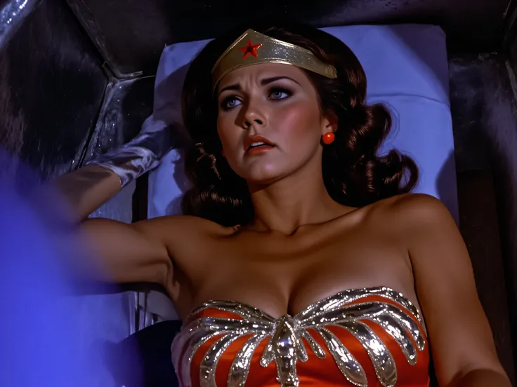 8k, best quality, real picture, photo of young beautiful perfect Lynda Carter as Wonder Woman, scene from tv show, shocked sexy expression, she is lying full complete body straight and flat on her back in a dark glowing neon erotic laboratory metal coffin ...