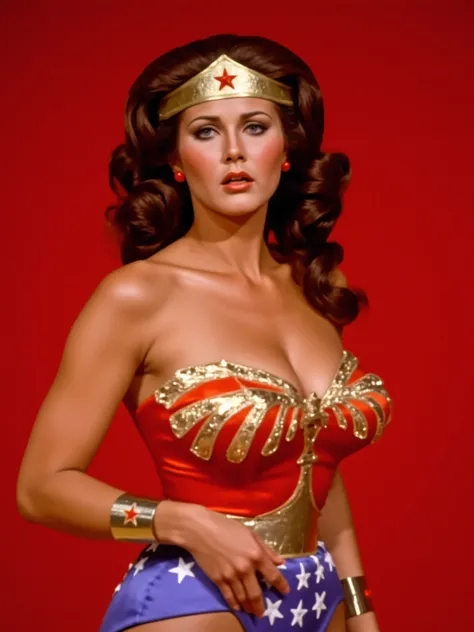 8k, best quality, real picture, photo of young beautiful perfect Lynda Carter as Wonder Woman, scene from tv show, glossy lips open mouth expression, she's standing aroused, delicately teasing her body with her hands, full body expressive, photoshoot in a ...