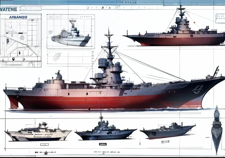 diesel war boat blueprint, three view, concept sketch blueprint,masterpiece, best quality  ,high resolution,British Navy 