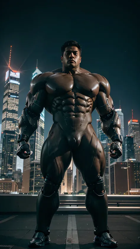 Handsome asian big muscular bodybuilder with hulky muscle with half body robot. Big robotic arms. Big robotic deltoids. Big chest. Chiseled abs. Big robotic legs. Fully naked. Super oversized and long 30 inch dick. Have wire on his back. Full body photo. C...