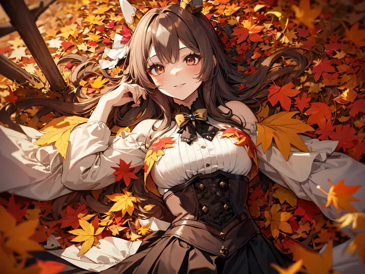 (Solo, 1 girl). (Anatomically Correct, UHD, Retina, Masterpiece, Ultra Detailed, High Detail, Top Quality, Award Winning, High Resolution, 8k). (Focus on breasts). (Big breasted girl with horse ears, makeup). ((Lying on autumn leaves with arms crossed)). (...
