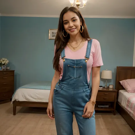 full body frontal photo, Short Latina facing forward, tone, round face (smiling), (((blue overalls, pink shirt)), standing and looking down, long dark hair, hoop earrings, single gold necklace, bedroom, ((face and body looking straight forward)) shot