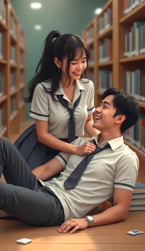 romantic couple.  an Indonesian man (lying on the library floor), (laughing cheerfully), (above him there was a woman sitting laughing).  in high school uniforms with white tops and gray bottoms, blank gray tie