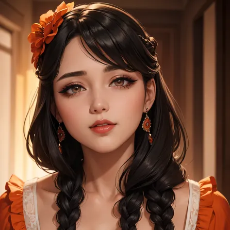 Amazing portrait of a woman who is 30 years old and an adult and a sexy woman in a bedroom with a beautiful detailed face emphasised by some amazing makeup wearing an orange maxi dress with floral patterns and a square neckline that emphasizes her medium c...