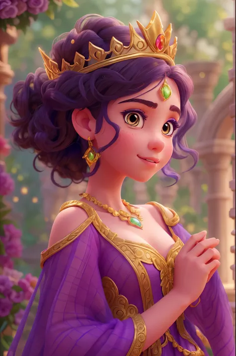 A beautiful young princess, disney pixar style, wearing a purple tunic, golden crown, wavy black hair, detailed brown eyes, delicate facial features, graceful pose, magical fantasy landscape, glowing warm lighting, vibrant colors, intricate details, cinema...