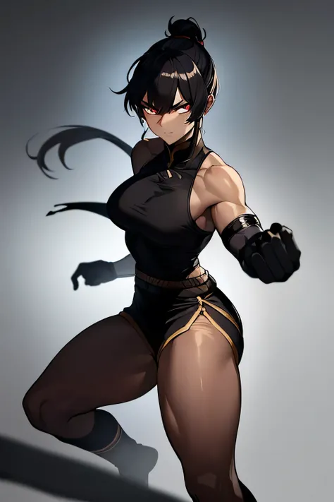 A highly detailed portrait of a tall, muscular Chinese female assassin with dark, ebony skin and a cold, emotionless gaze. She has very short black hair (buzz cut) and a powerful, athletic build with particularly well-developed thighs. She is dressed in a ...