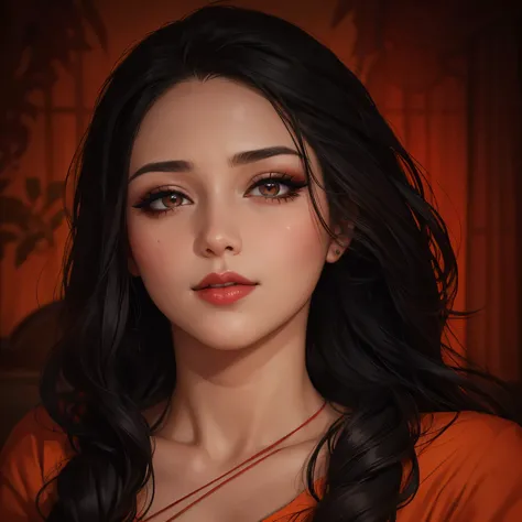 Amazing portrait of a woman who is 30 years old and an adult and a sexy woman in a bedroom with a beautiful detailed face emphasised by some amazing makeup wearing an orange maxi dress with floral patterns and a square neckline that emphasizes her medium c...