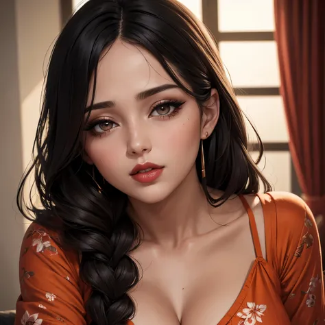 Amazing portrait of a woman who is 30 years old and an adult and a sexy woman in a bedroom with a beautiful detailed face emphasised by some amazing makeup wearing an orange maxi dress with floral patterns and a square neckline that emphasizes her medium c...