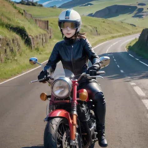 (A young female rider speeds along on a motorcycle)、Vintage Bikes、Bluff Superior SS100、Isle of Man Races、Leather jumper、Cromwell helmet with goggles、After the Rain、English countryside、(Highest quality, masterpiece, High resolution)、8k、wallpaper,masterpiece...