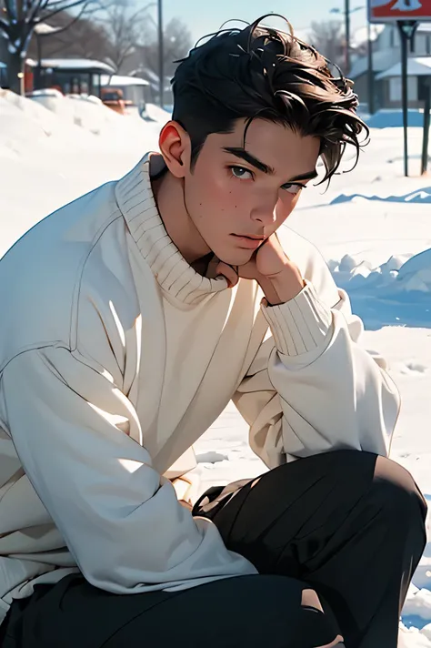  Japanese　　 handsome　 short dark hair  　　short cropped 　　　male　Slim figure　　　　Tight white thick knit  　 sweater 　　　 black pants 　white thick knit 　 sweater 　　　 face up composition from shoulder　　 face up　 above your knee　　 above your knee　Eye 　　 Sportsman ...